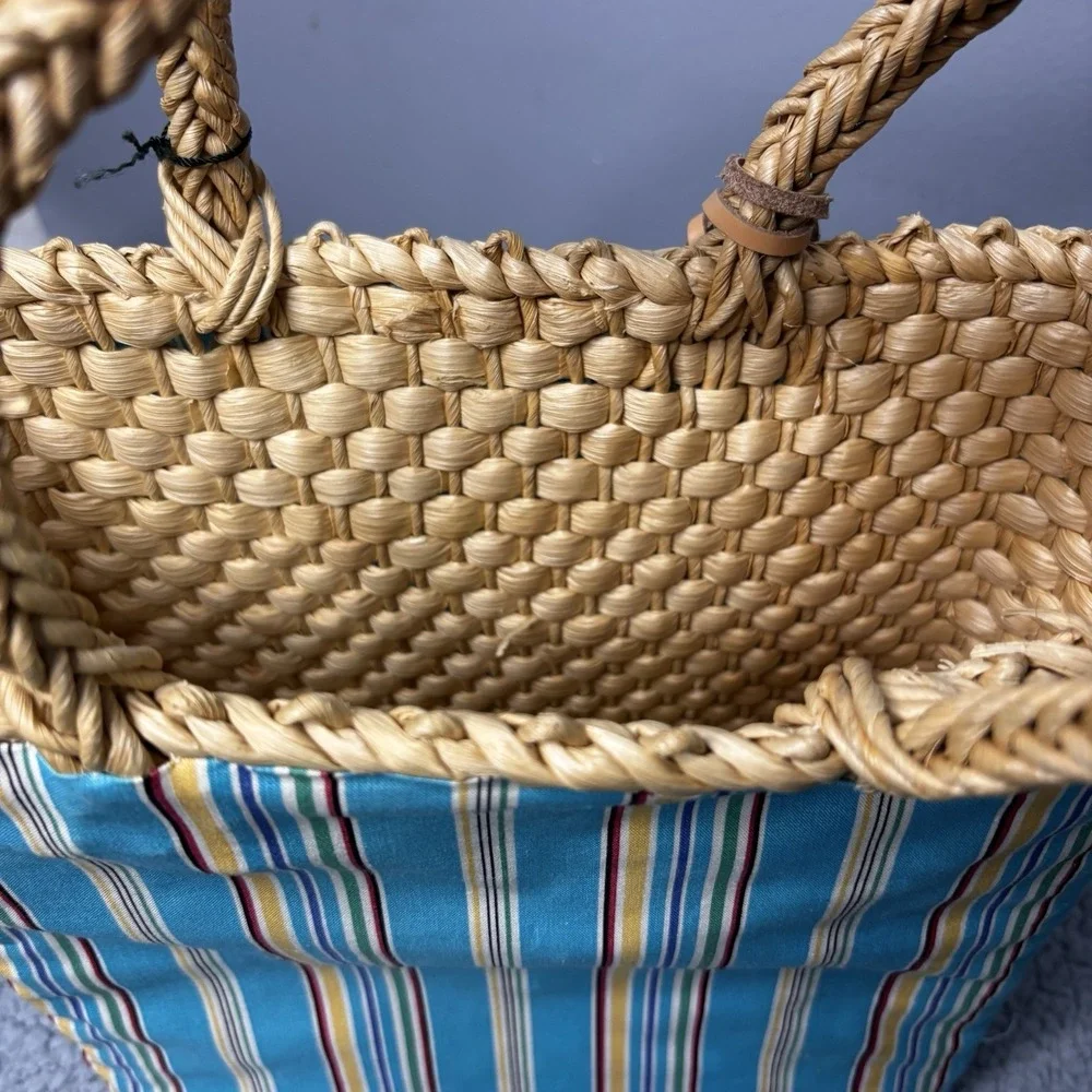 Lauren Ralph Lauren Tote Bag Blue Striped Fabric Straw Handle Vacation Beach
